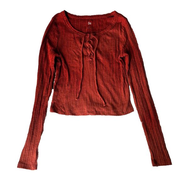 SO Top Sz M Blouse Burnt Orange Long Sleeve Tie Front Criss Cross Teen Crop Work - Picture 1 of 8